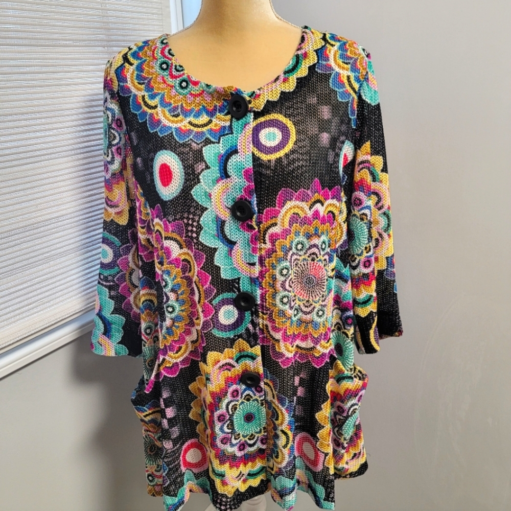 Joseph Ribkoff Black Colorful Floral Mesh Artsy Cover Up Jacket Size 14 NWOT